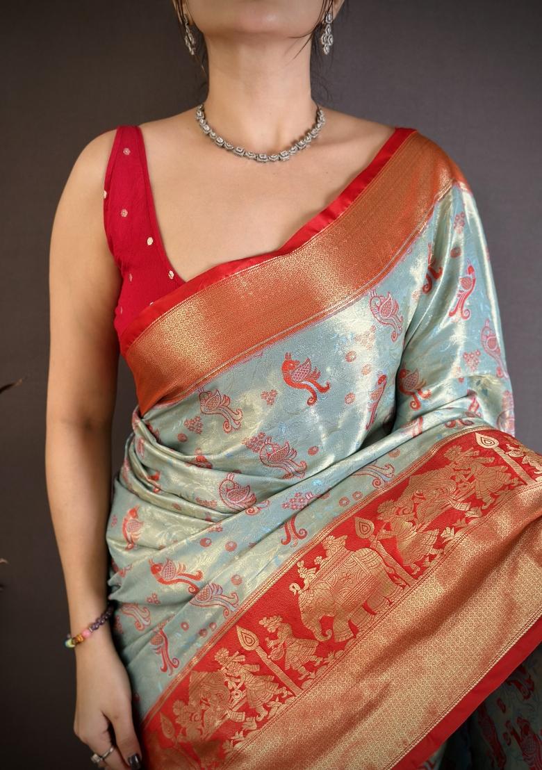 Sky Blue Jacquard Silk Saree Set - Indya