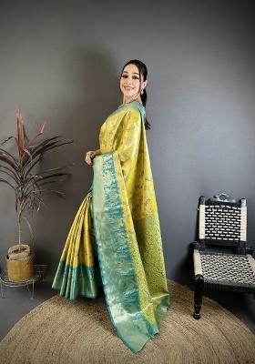 Yellow Jacquard Silk Saree Set