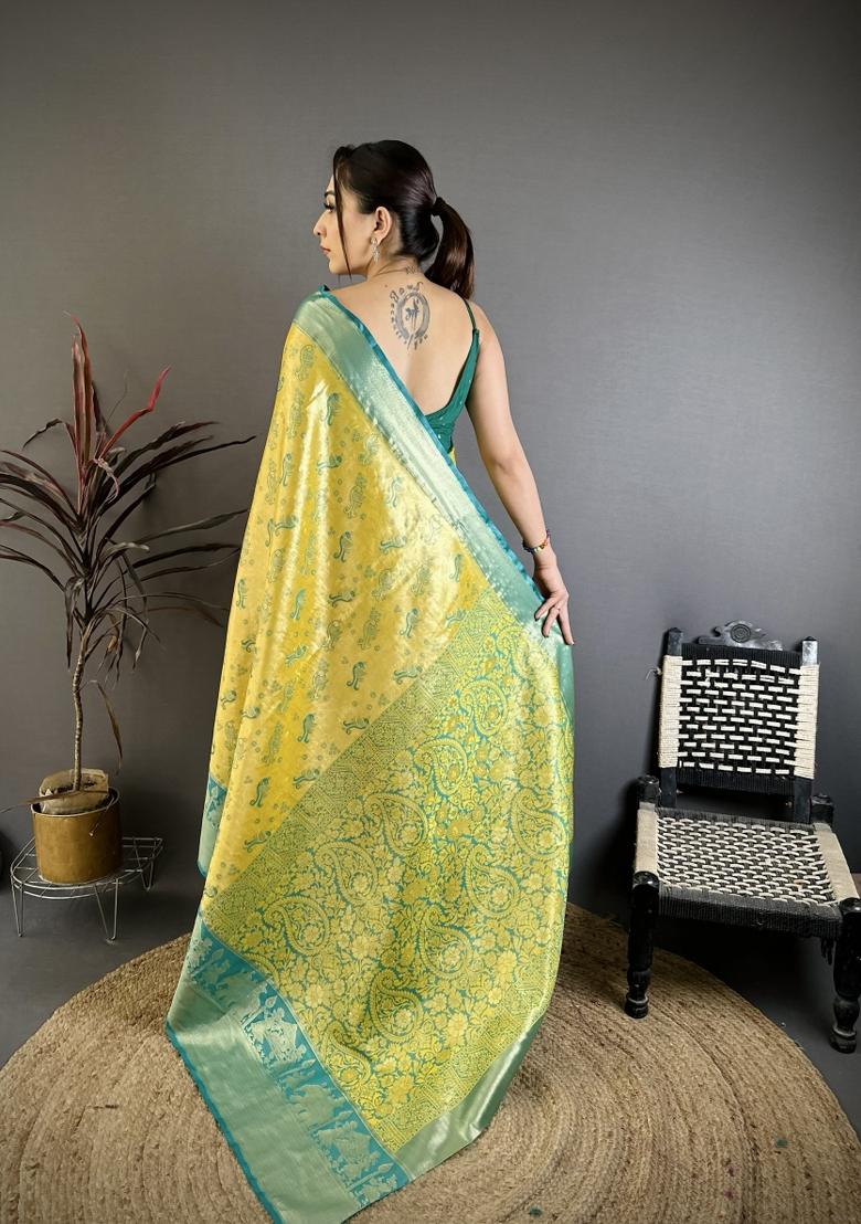 Yellow Jacquard Silk Saree Set - Indya