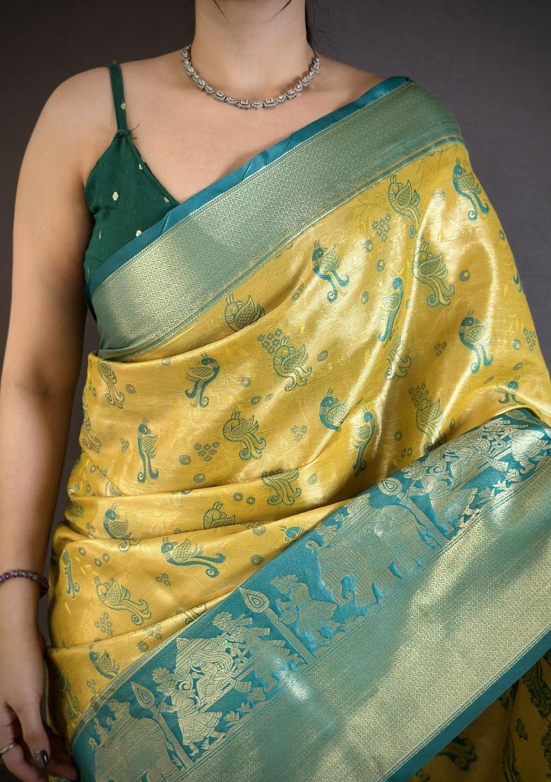 Yellow Jacquard Silk Saree Set - Indya
