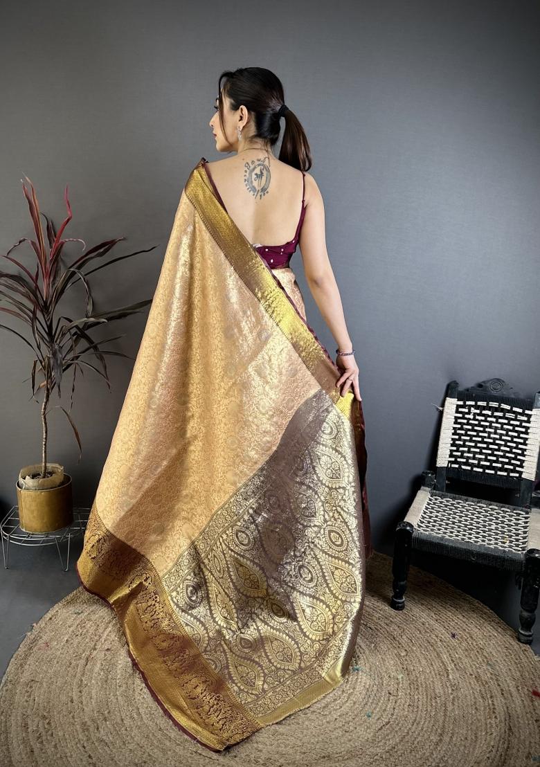 Beige Jacquard Silk Saree Set - Indya