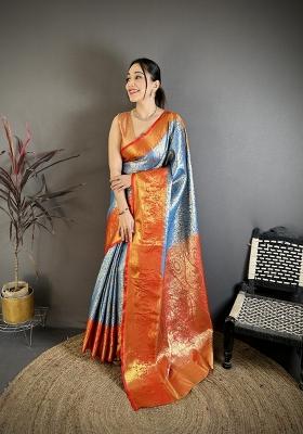 Blue Jacquard Silk Saree Set