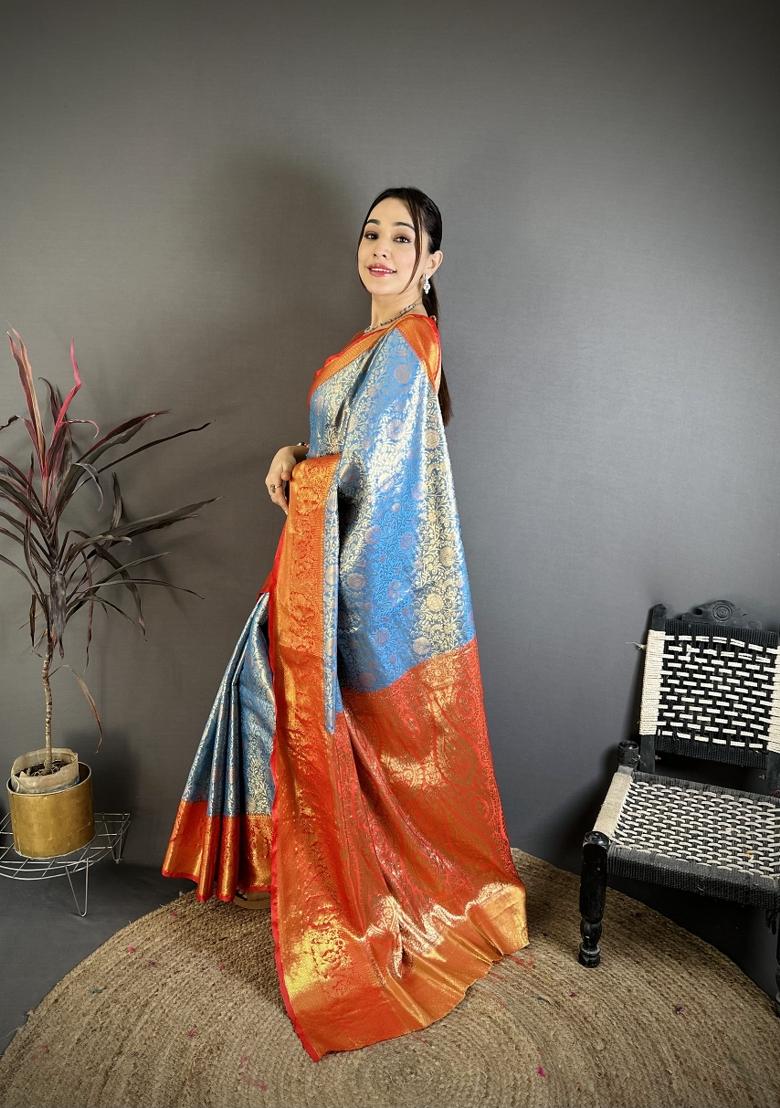 Blue Jacquard Silk Saree Set - Indya