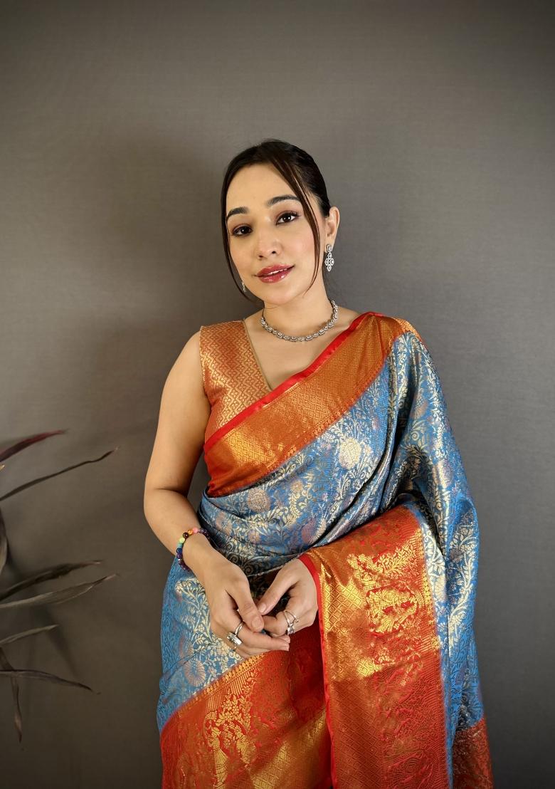 Blue Jacquard Silk Saree Set - Indya