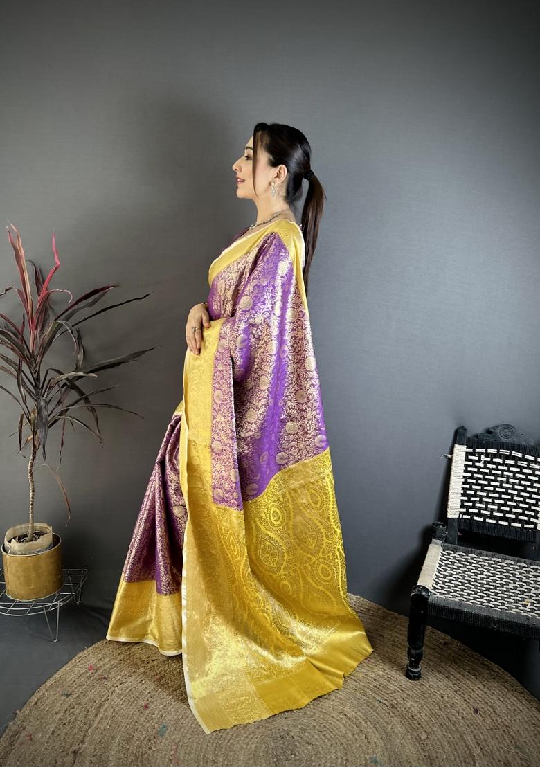 Light Purple Jacquard Silk Saree Set - Indya