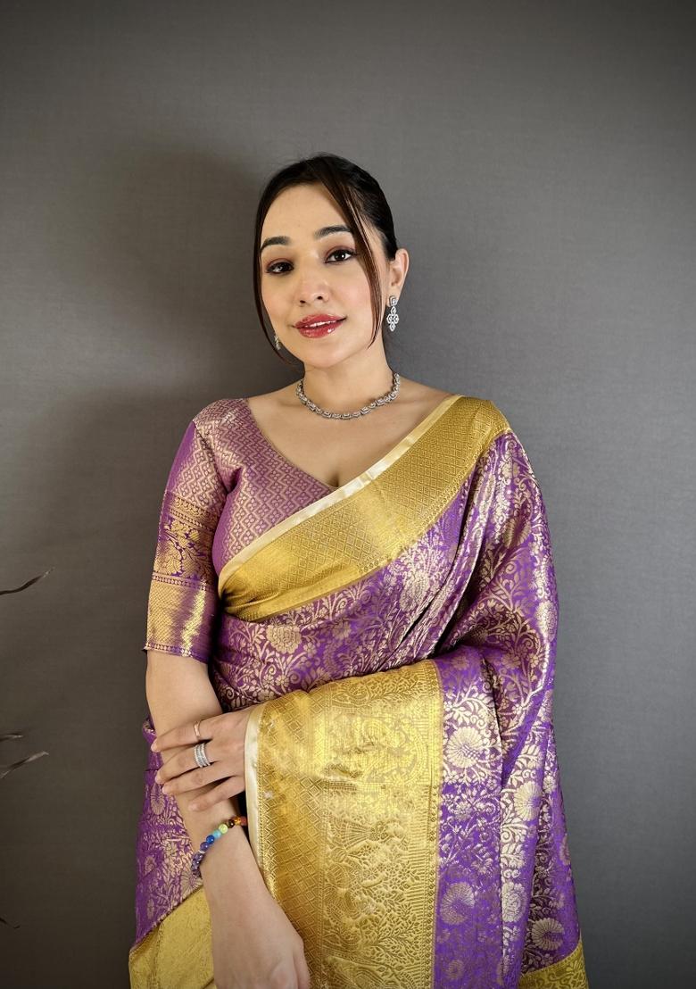 Light Purple Jacquard Silk Saree Set - Indya