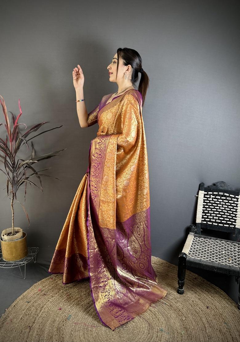 Orange Jacquard Silk Saree Set - Indya