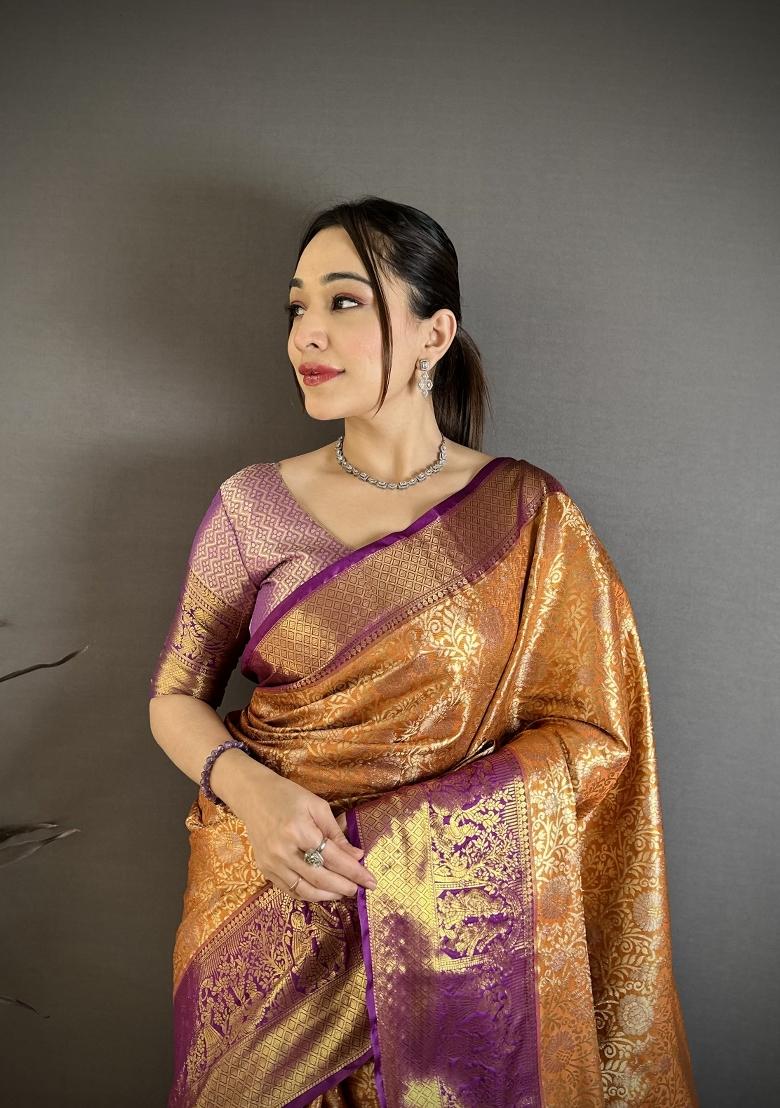 Orange Jacquard Silk Saree Set - Indya