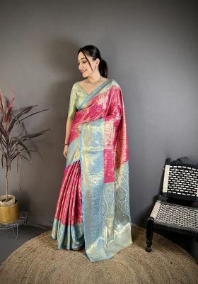 Pink Jacquard Silk Saree Set