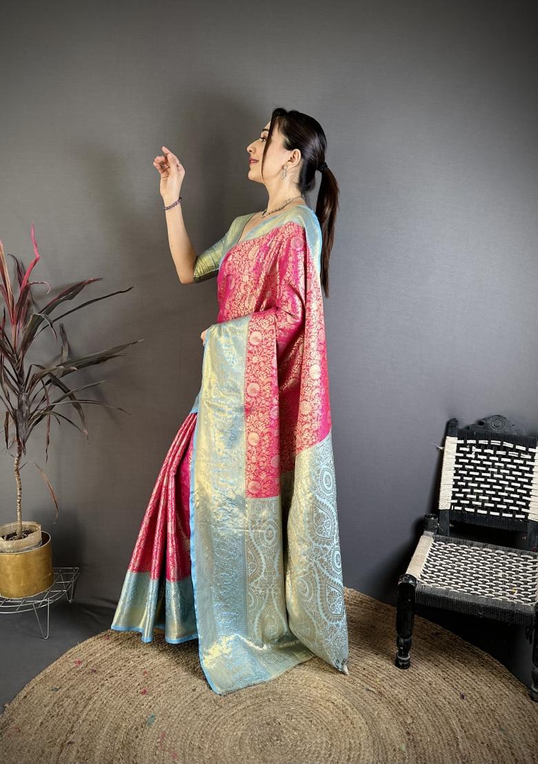 Pink Jacquard Silk Saree Set - Indya