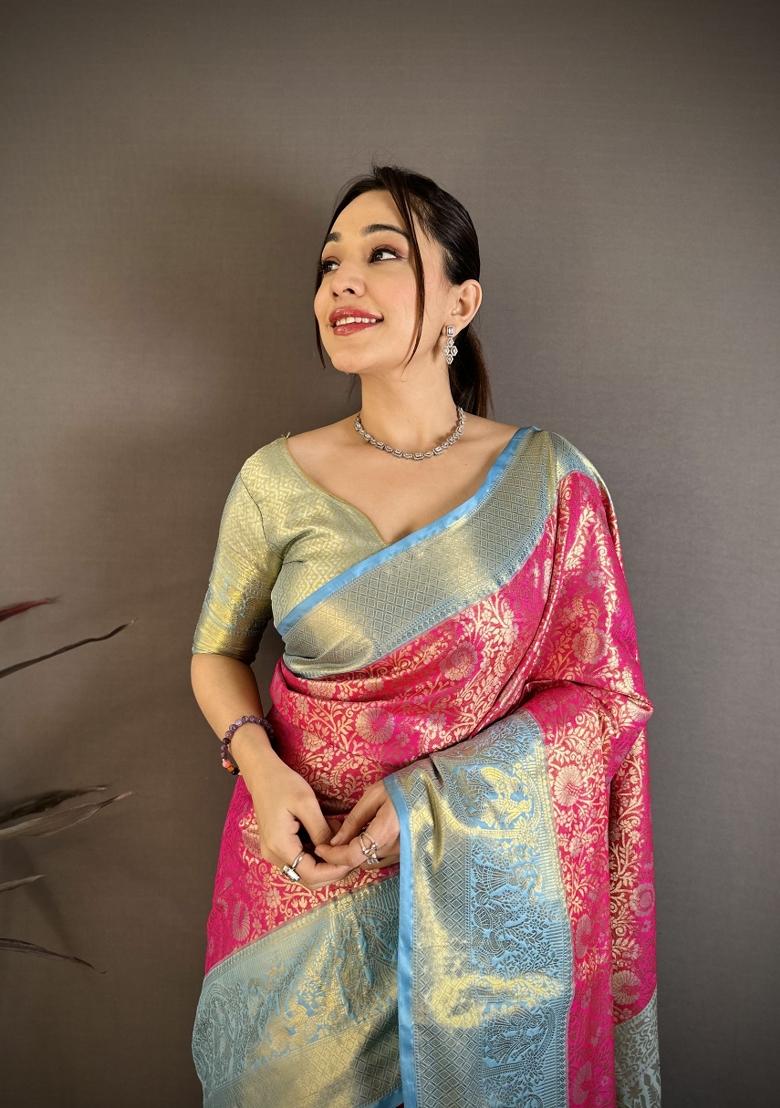 Pink Jacquard Silk Saree Set - Indya
