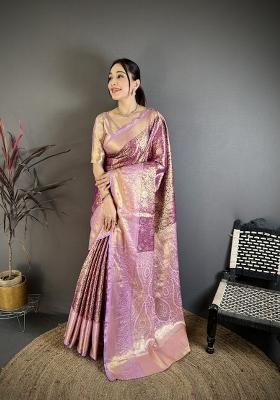 Purple Jacquard Silk Saree Set