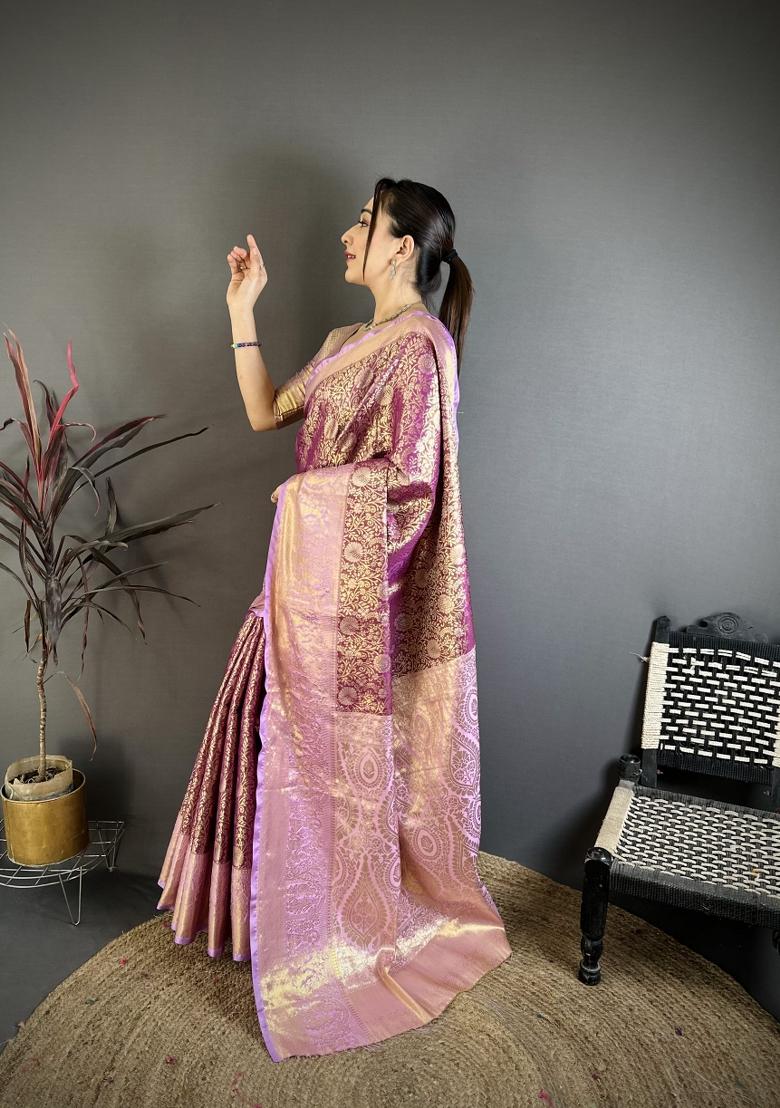 Purple Jacquard Silk Saree Set - Indya