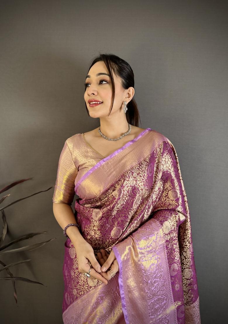 Purple Jacquard Silk Saree Set - Indya
