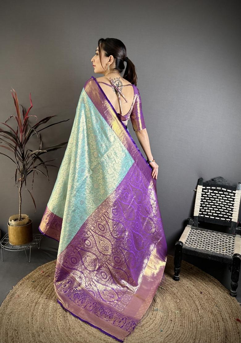 Sky Blue Jacquard Silk Saree Set - Indya