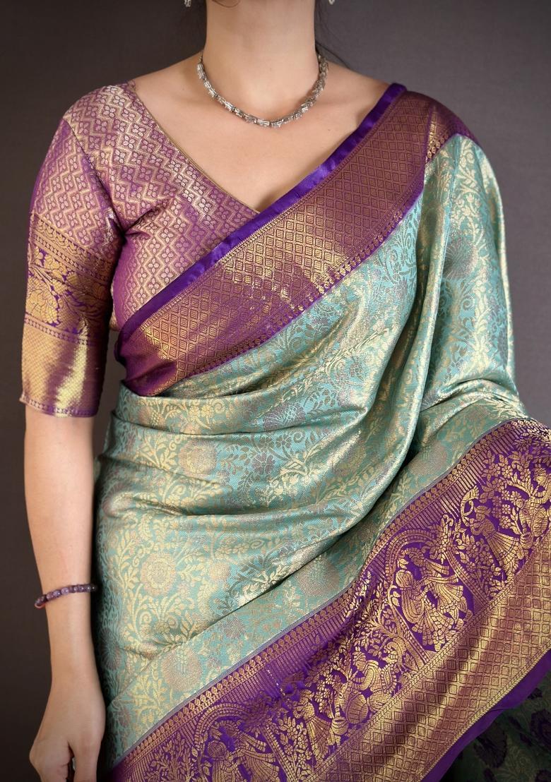 Sky Blue Jacquard Silk Saree Set - Indya