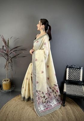 Cream Weaving Work Cotton Saree Set