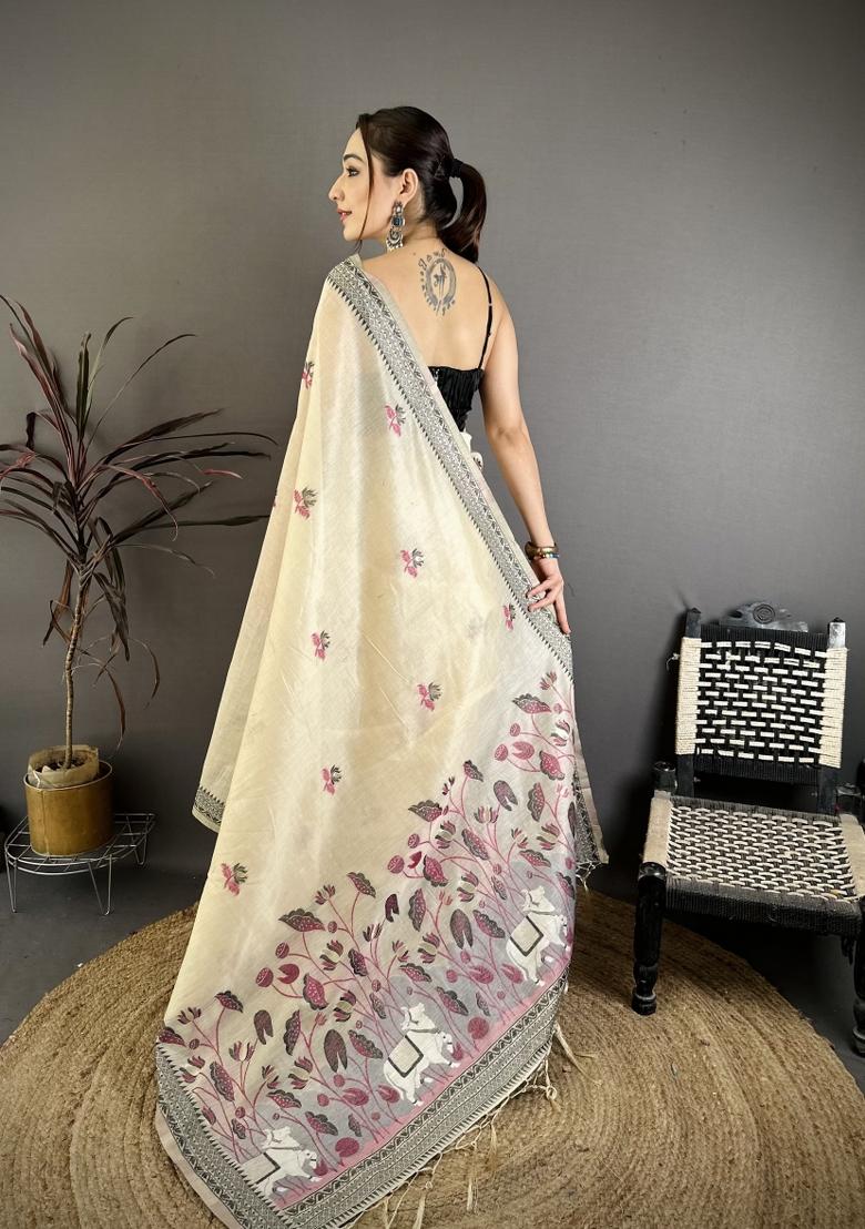 Cream Weaving Work Cotton Saree Set - Indya