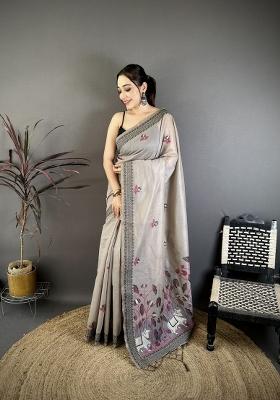 Grey Weaving Work Cotton Saree Set
