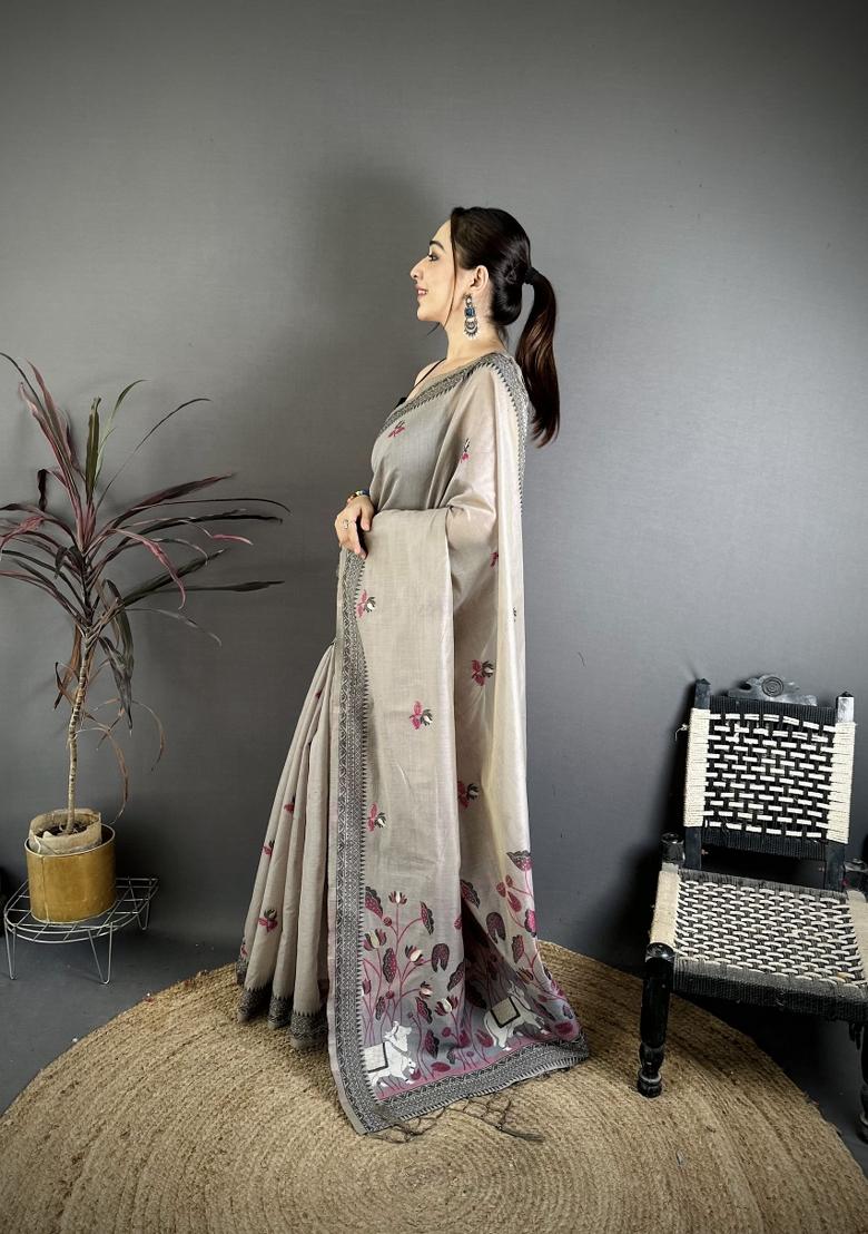 Grey Weaving Work Cotton Saree Set - Indya