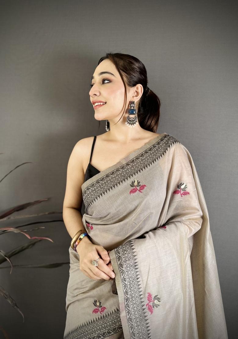 Grey Weaving Work Cotton Saree Set - Indya