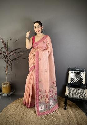 Pink Weaving Work Cotton Saree Set