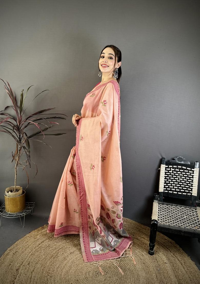 Pink Weaving Work Cotton Saree Set - Indya