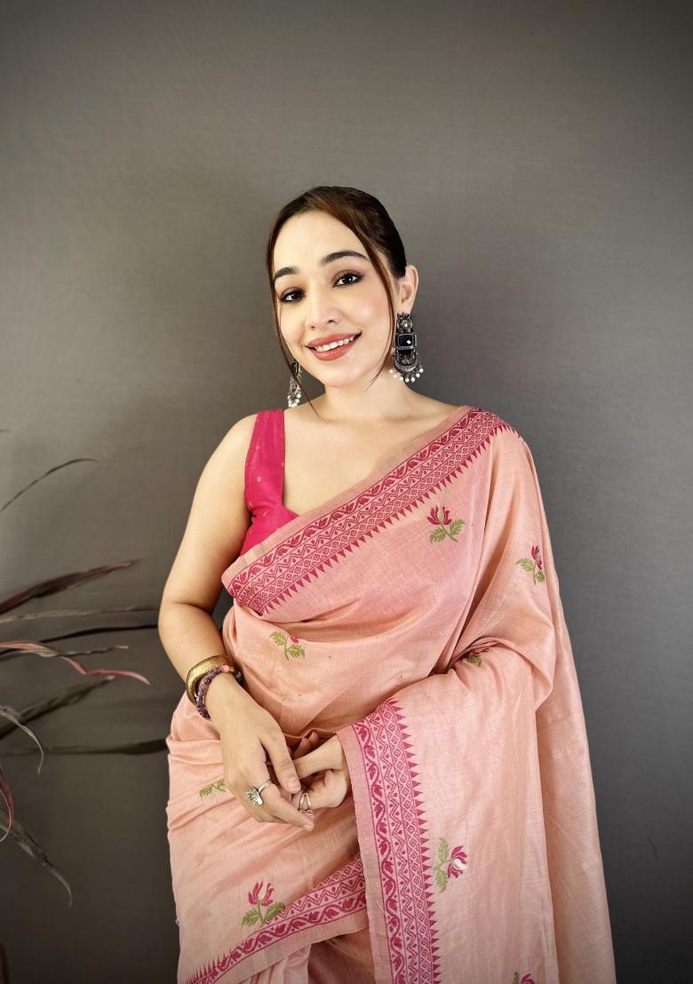 Pink Weaving Work Cotton Saree Set - Indya