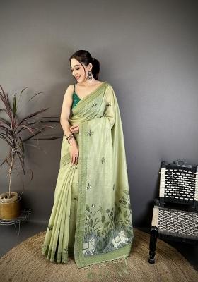 Pista Weaving Work Cotton Saree Set