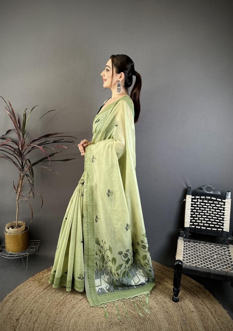 Pista Weaving Work Cotton Saree Set - Indya