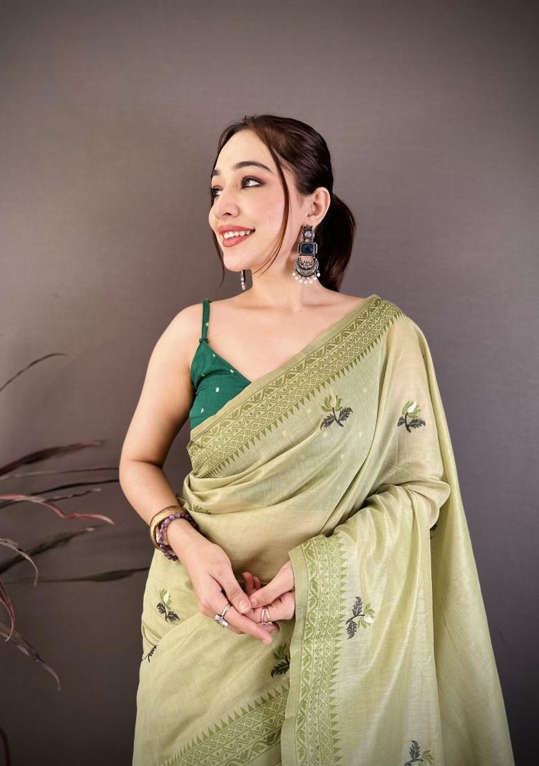 Pista Weaving Work Cotton Saree Set - Indya