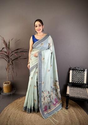 Sky Blue Weaving Work Cotton Saree Set