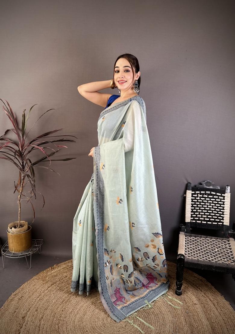 Sky Blue Weaving Work Cotton Saree Set - Indya