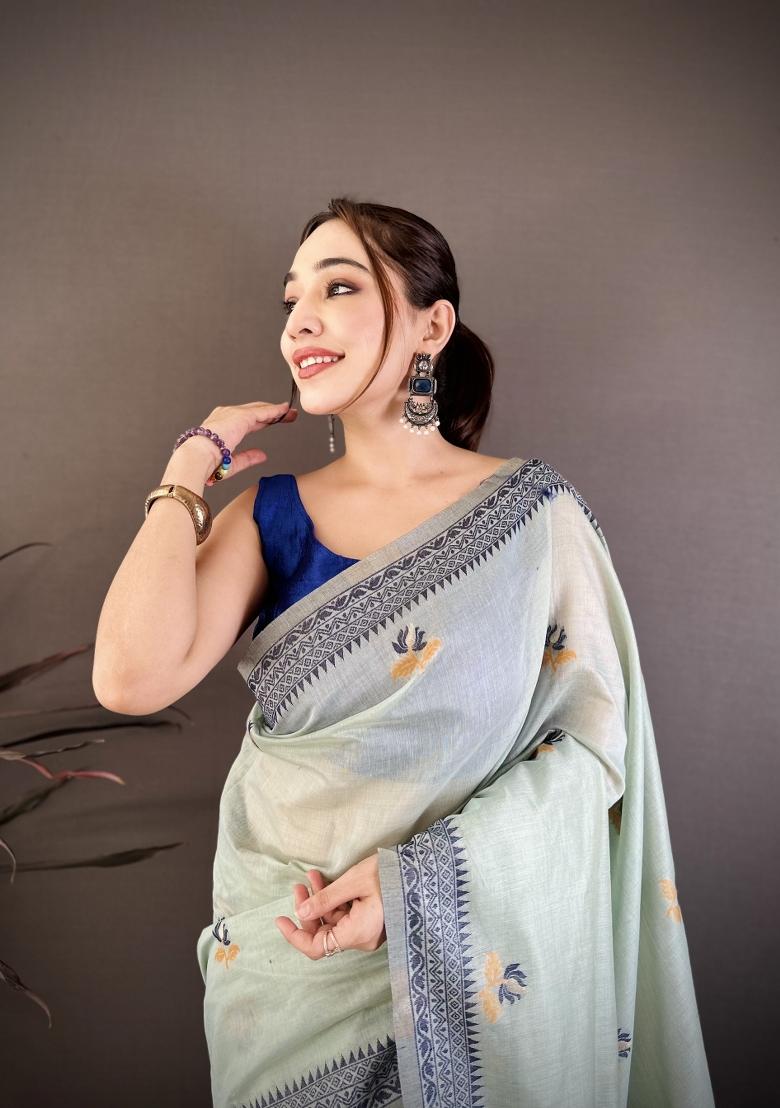 Sky Blue Weaving Work Cotton Saree Set - Indya