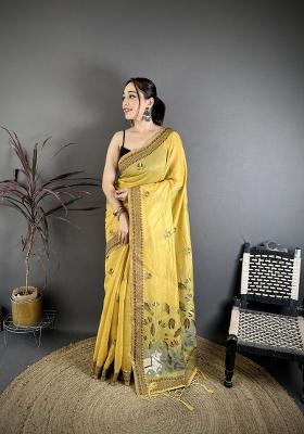 Yellow Weaving Work Cotton Saree Set