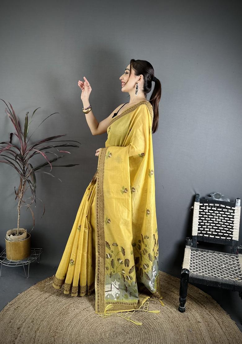 Yellow Weaving Work Cotton Saree Set - Indya