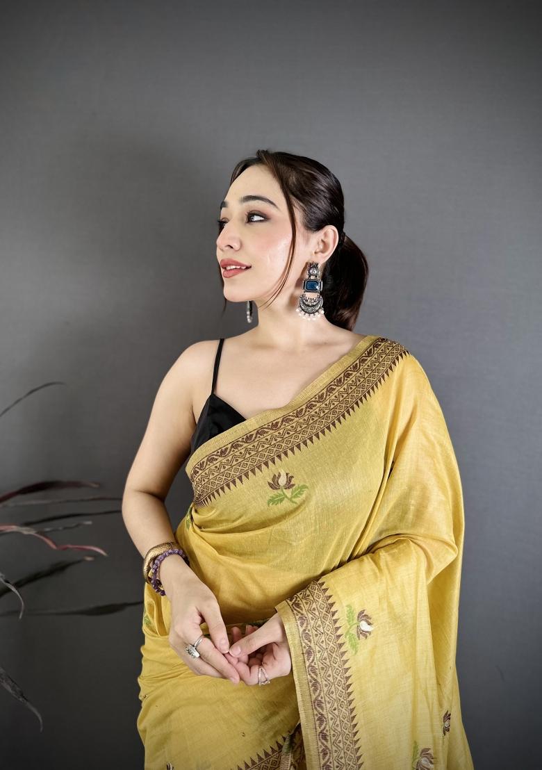 Yellow Weaving Work Cotton Saree Set - Indya