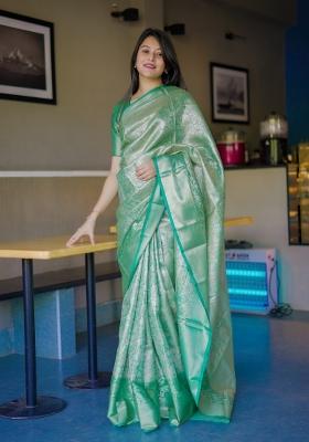 Green Floral Print Silk Saree Set