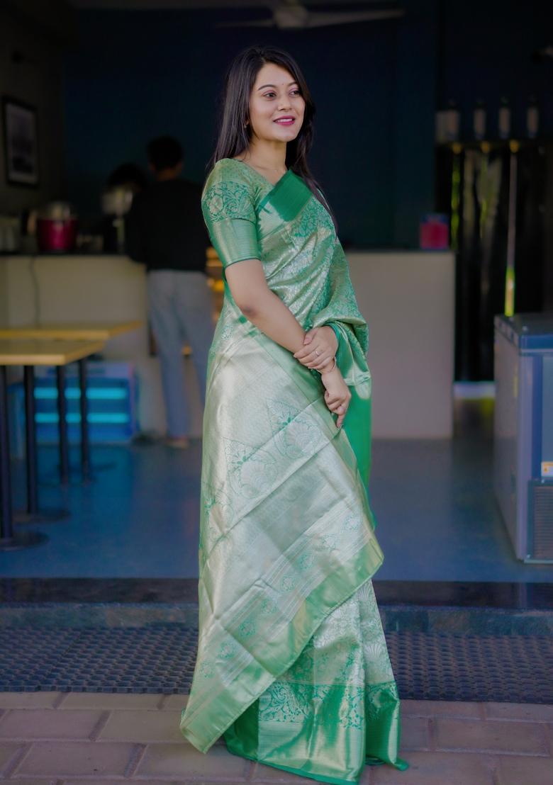 Green Floral Print Silk Saree Set - Indya