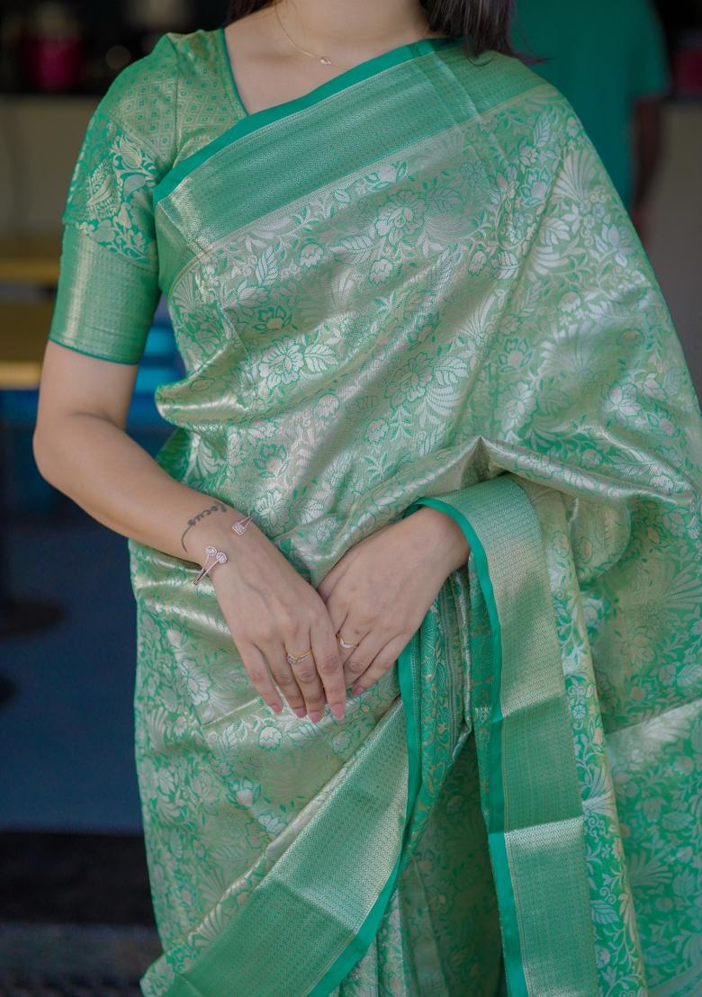 Green Floral Print Silk Saree Set - Indya