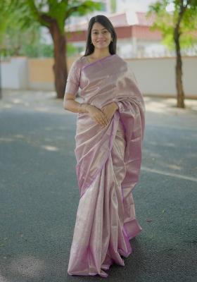 Lavender Floral Print Silk Saree Set