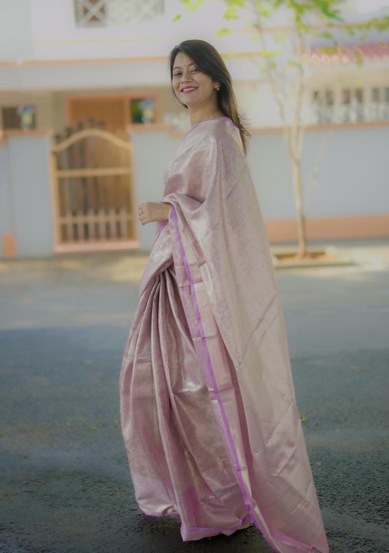 Lavender Floral Print Silk Saree Set - Indya