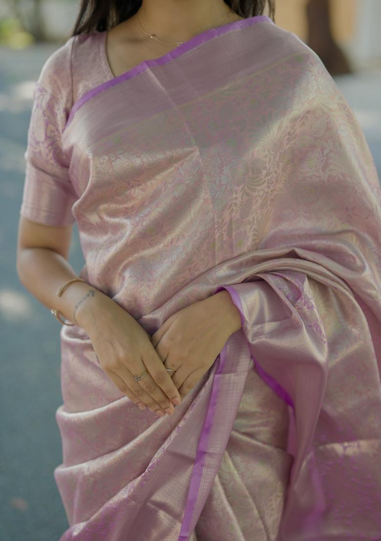 Lavender Floral Print Silk Saree Set - Indya