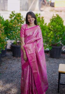Pink Floral Print Silk Saree Set