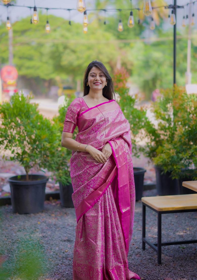 Pink Floral Print Silk Saree Set - Indya