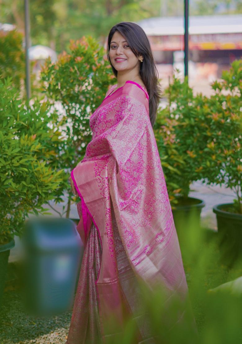 Pink Floral Print Silk Saree Set - Indya