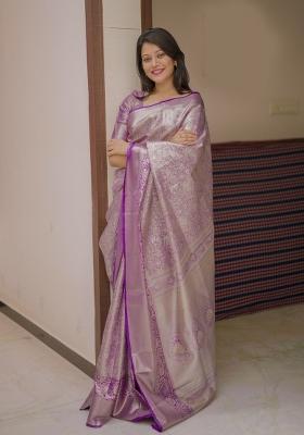 Purple Floral Print Silk Saree Set