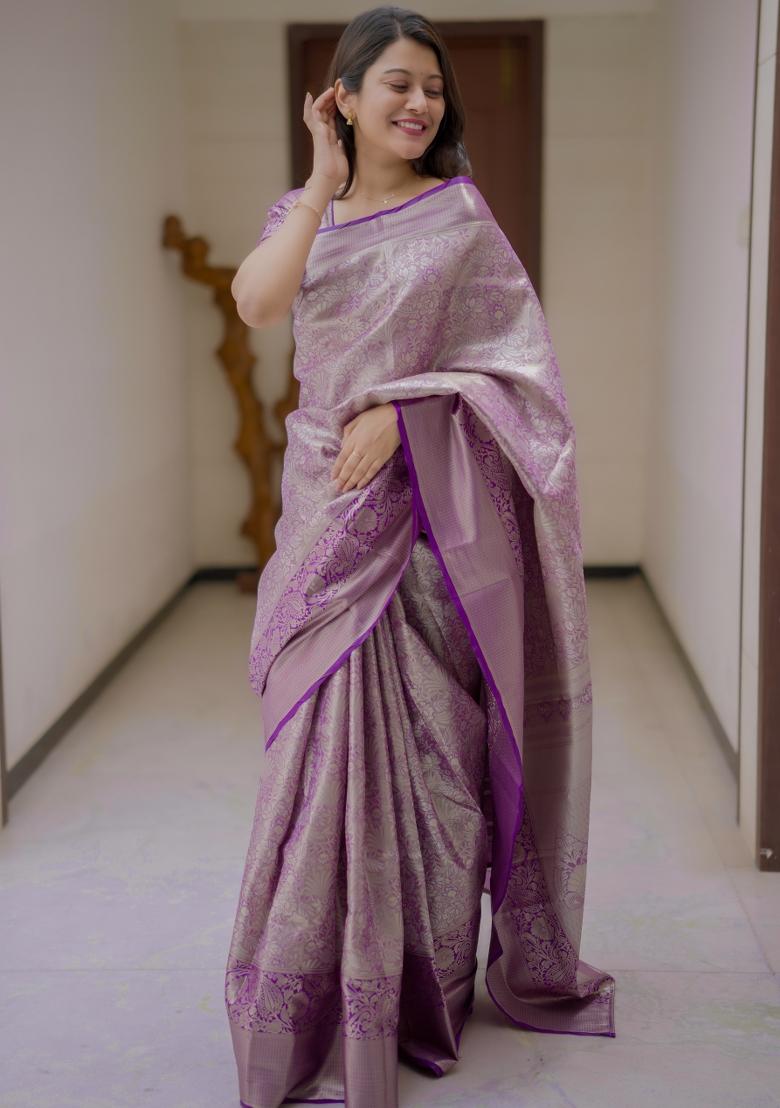 Purple Floral Print Silk Saree Set - Indya