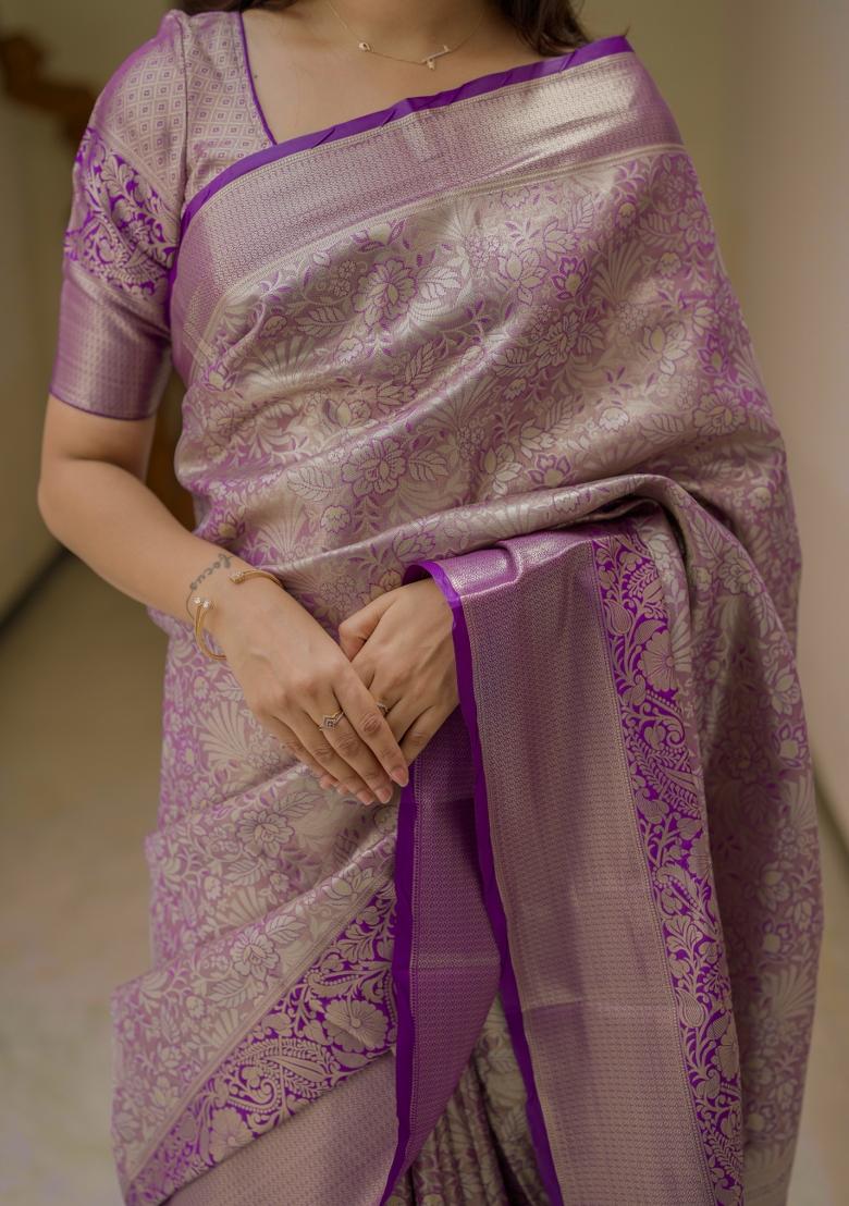Purple Floral Print Silk Saree Set - Indya