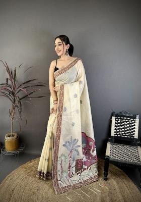 Cream Weaving Work Cotton Saree Set